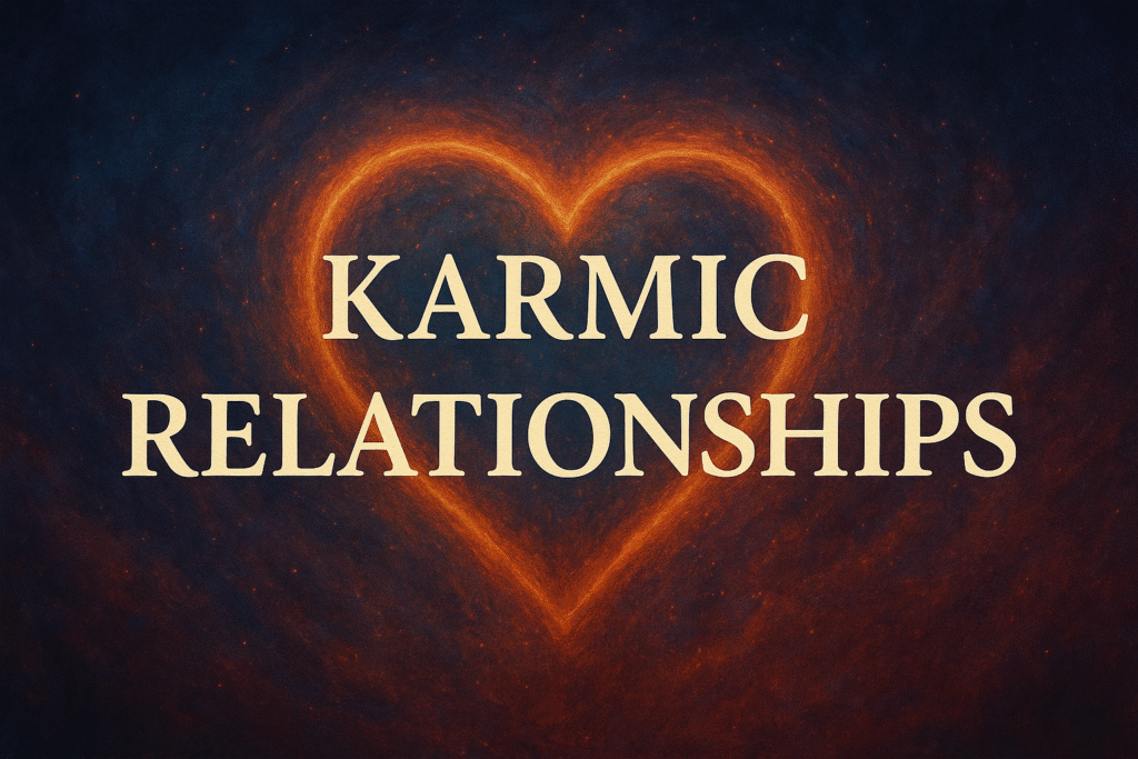 “Cosmic heart background with the text Karmic Relationships representing spiritual healing and karmic cycle awareness.”